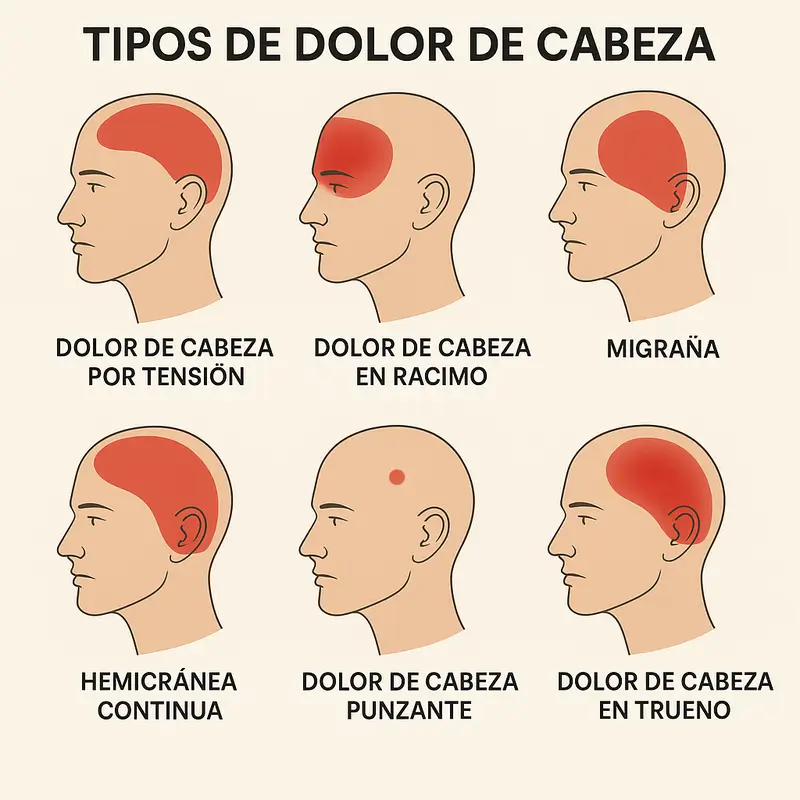 Ilustración de los tipos de dolor de cabeza en zonas del cráneo