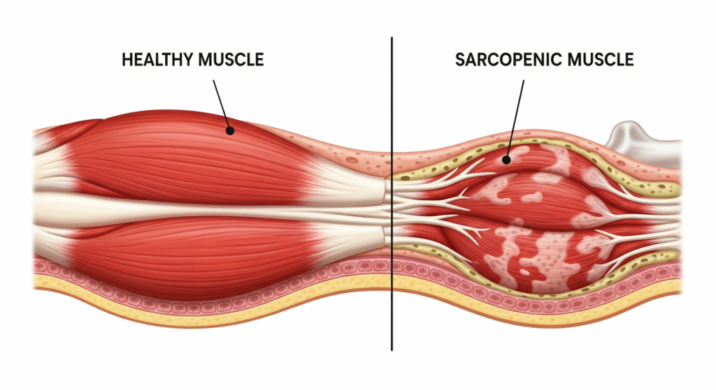 Ilustración de músculos sanos vs músculos con pérdida qué es sarcopenia- clinica del dolor