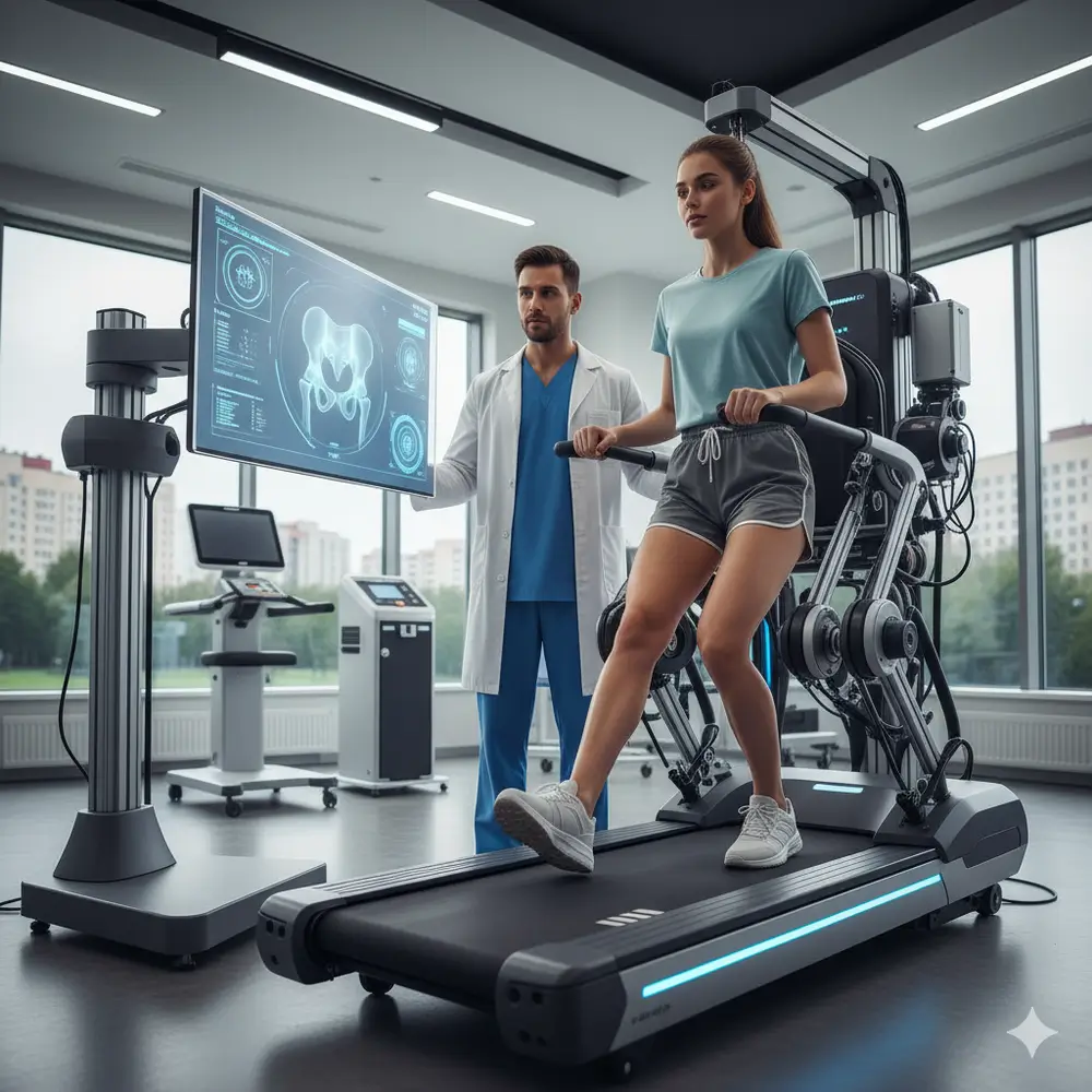 Prótesis de Cadera: Todo lo que Debes Saber sobre Tipos, Cirugía y Recuperación con Tecnología Robótica | prótesis de cadera Paciente realizando ejercicios de rehabilitación con tecnología robótica - clinica del dolor